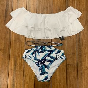 Ruffle Off Shoulder High Waisted Two Piece